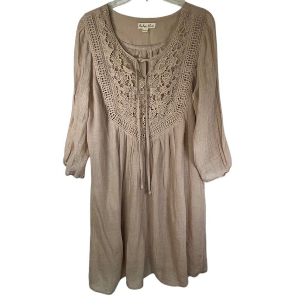 Indigo Rose Khaki Tan Dress w/ Embroidered Lace Yoke and Self Tie Front- Size L